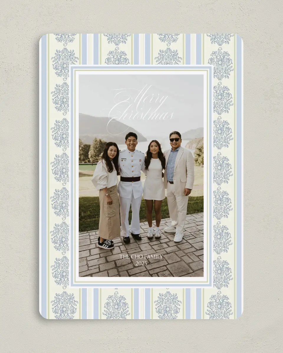 This is a 5" x 7" Christmas Card called Holiday Damask printed in full color on Premium Smooth paper