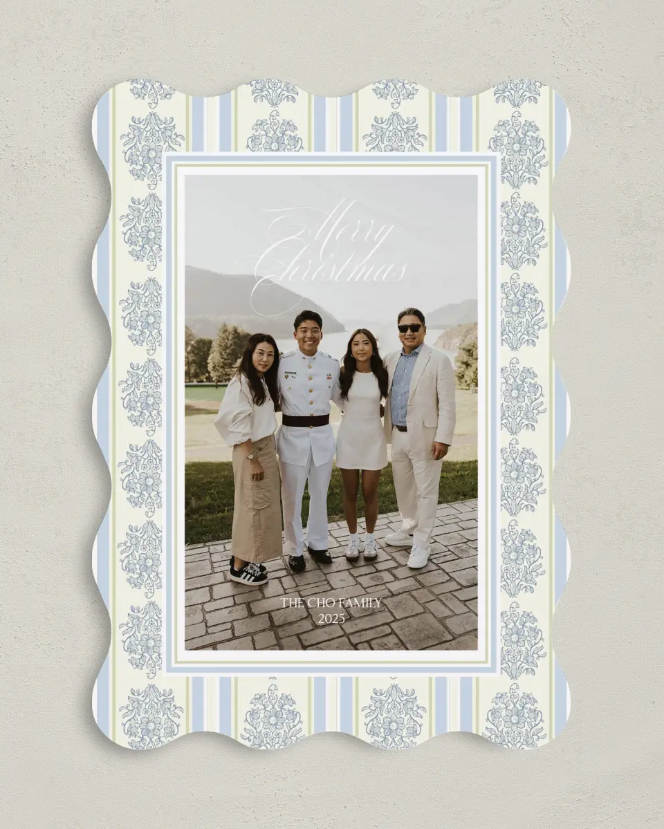 This is a 5" x 7" Christmas Card called Holiday Damask printed in full color on Premium Smooth paper