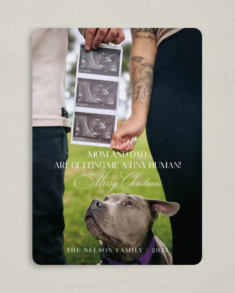 This is a 5" x 7" Christmas Card called Paws & Presents printed in full color on Premium Smooth paper