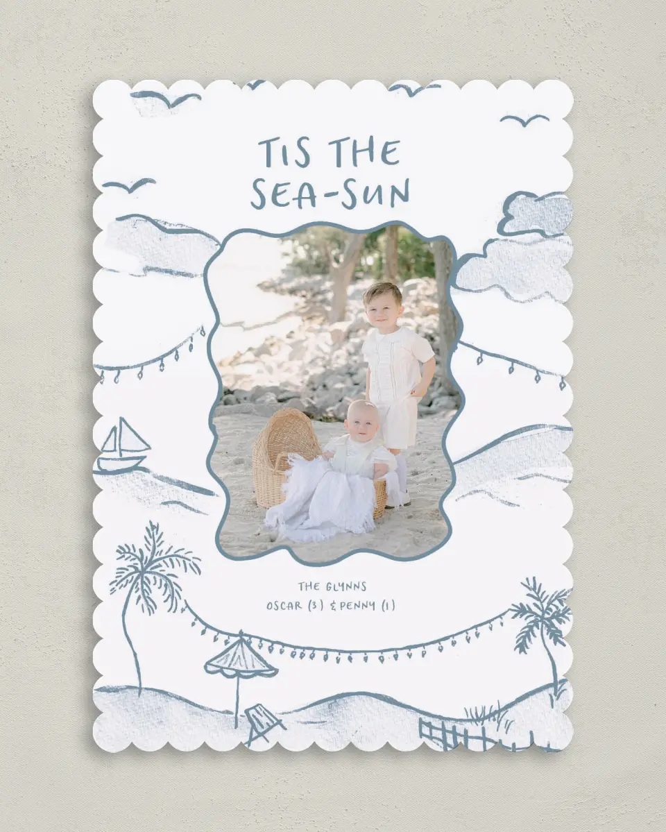 This is a 5" x 7" Christmas Card called Tis the Sea-Sun printed in full color on Premium Smooth paper on Premium Smooth paper on Premium Smooth paper
