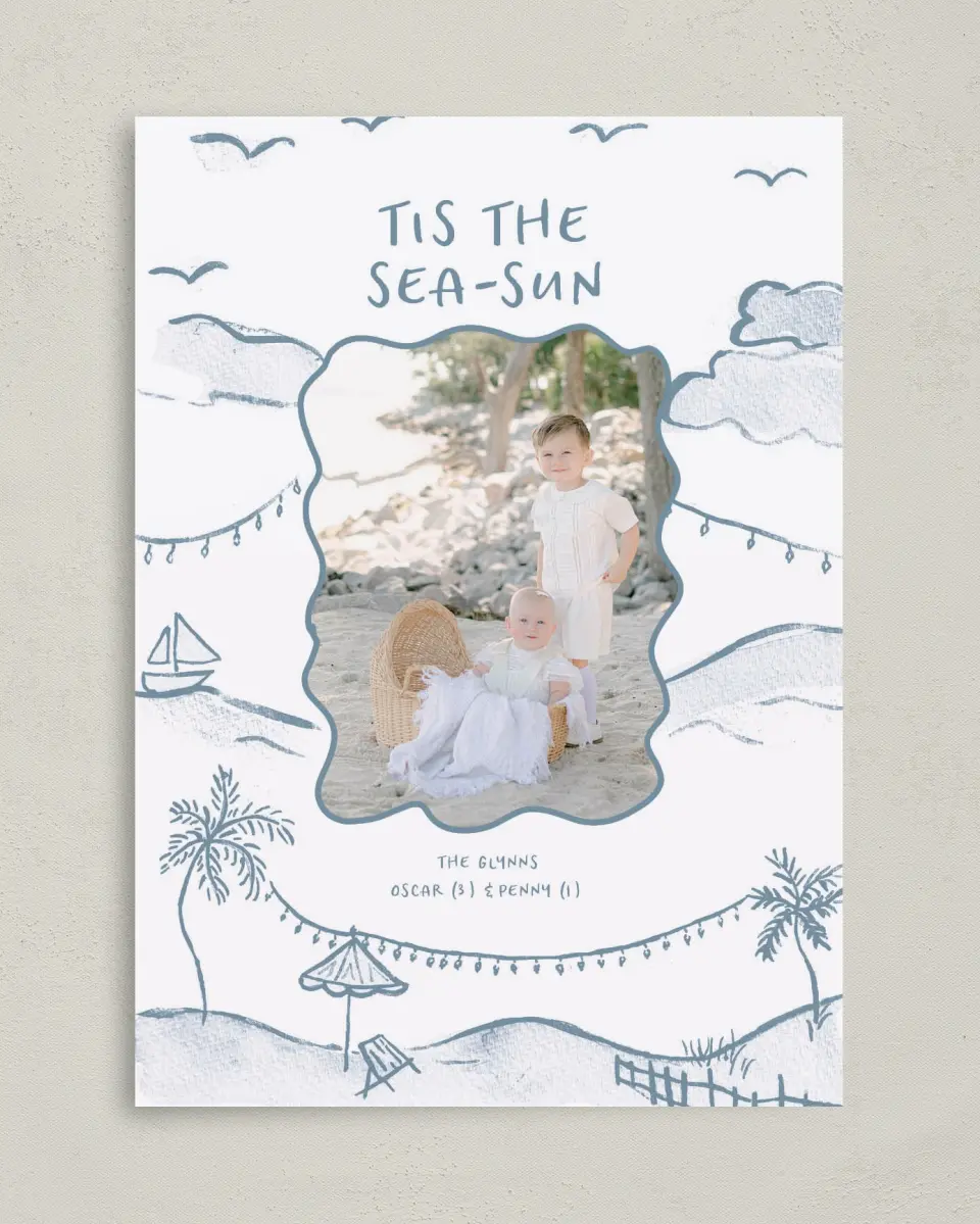 This is a 5" x 7" Christmas Card called Tis the Sea-Sun printed in full color on Premium Smooth paper