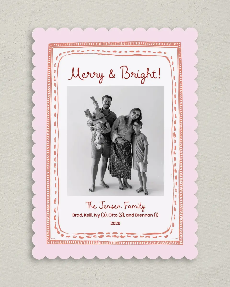 This is a 5" x 7" Christmas Card called Merry & Bright printed in full color on Premium Smooth paper on Premium Smooth paper on Premium Smooth paper
