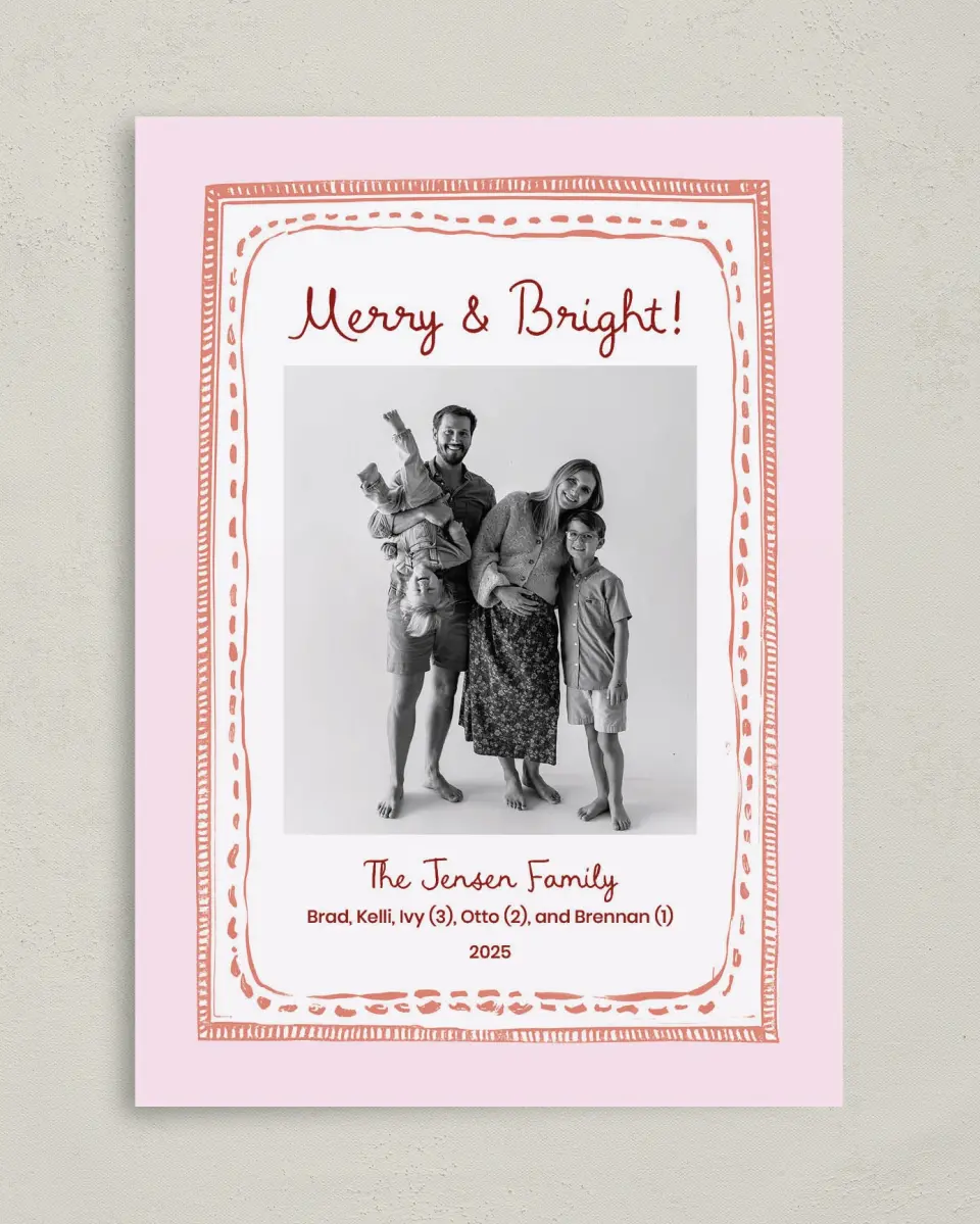 This is a 5" x 7" Christmas Card called Merry & Bright printed in full color on Premium Smooth paper