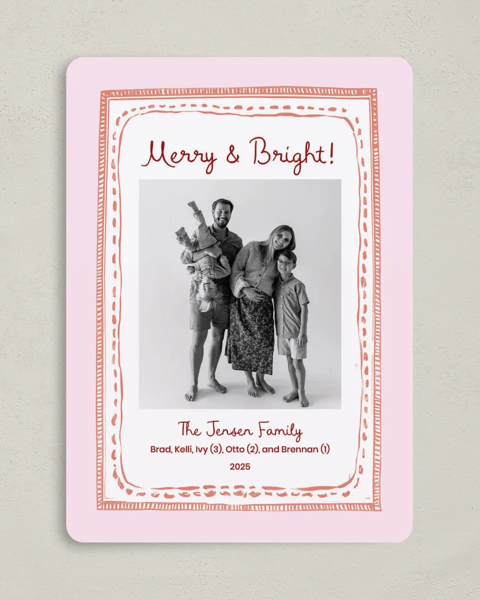 This is a 5" x 7" Christmas Card called Merry & Bright printed in full color on Premium Smooth paper