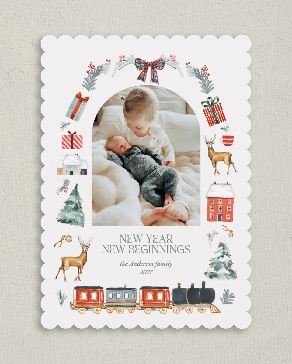 This is a 5" x 7" Christmas Card called Vintage Train printed in full color on Premium Smooth paper on Premium Smooth paper on Premium Smooth paper