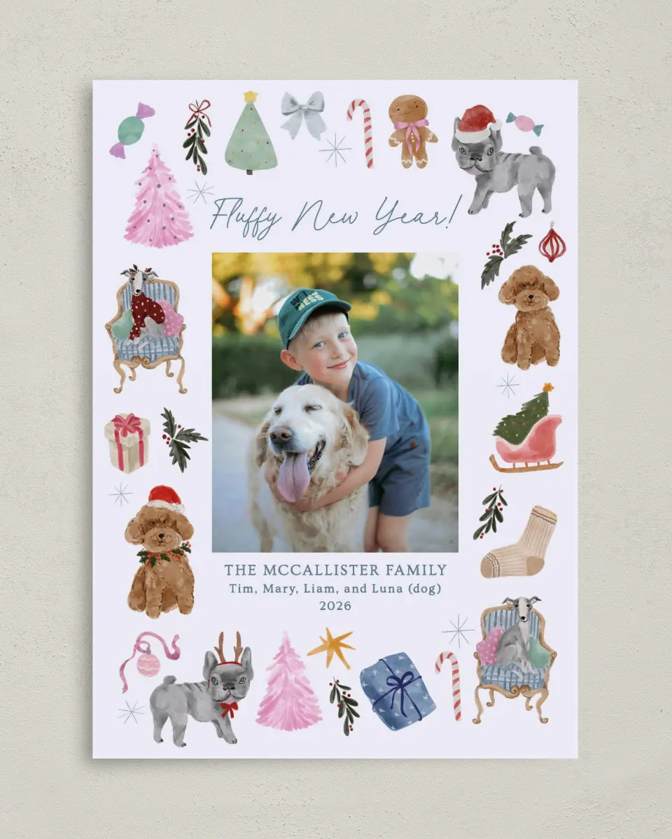 This is a 5" x 7" Christmas Card called Fluffy New Year printed in full color on Premium Smooth paper