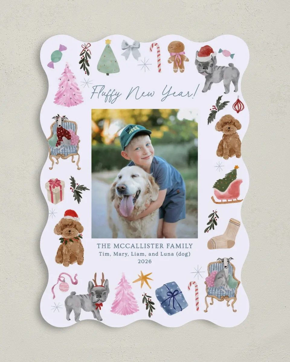 This is a 5" x 7" Christmas Card called Fluffy New Year printed in full color on Premium Smooth paper