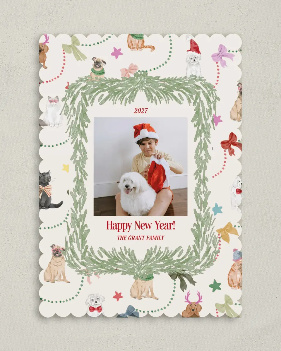 This is a 5" x 7" Christmas Card called Paws & Joy printed in full color on Premium Smooth paper on Premium Smooth paper on Premium Smooth paper