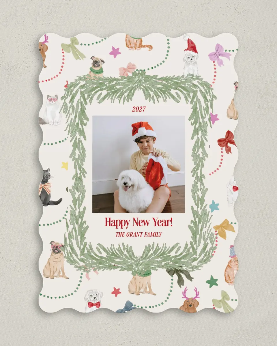 This is a 5" x 7" Christmas Card called Paws & Joy printed in full color on Premium Smooth paper