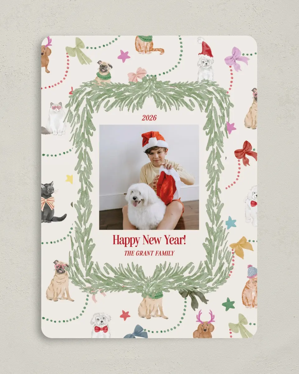This is a 5" x 7" Christmas Card called Paws & Joy printed in full color on Premium Smooth paper