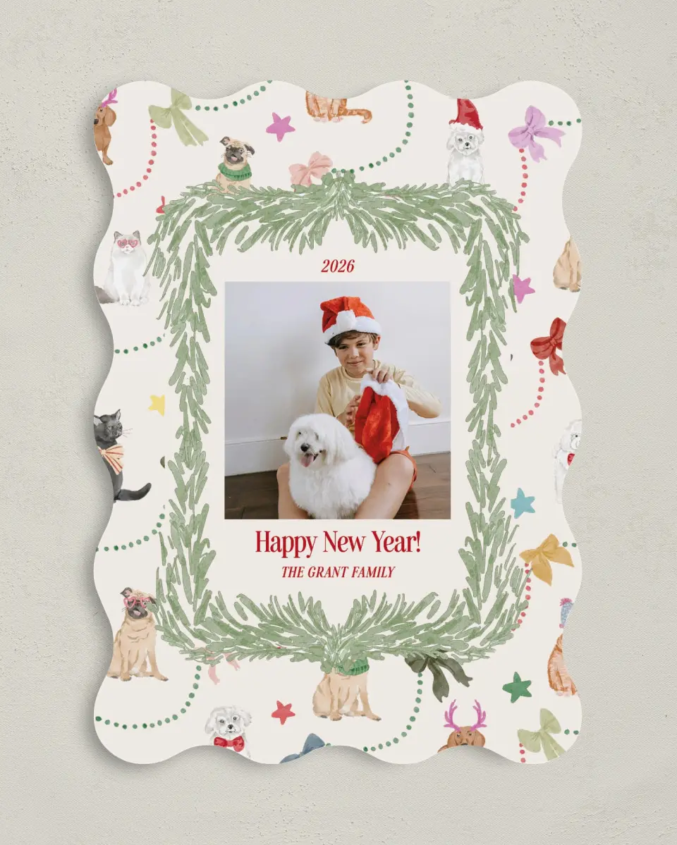 This is a 5" x 7" Christmas Card called Paws & Joy printed in full color on Premium Smooth paper