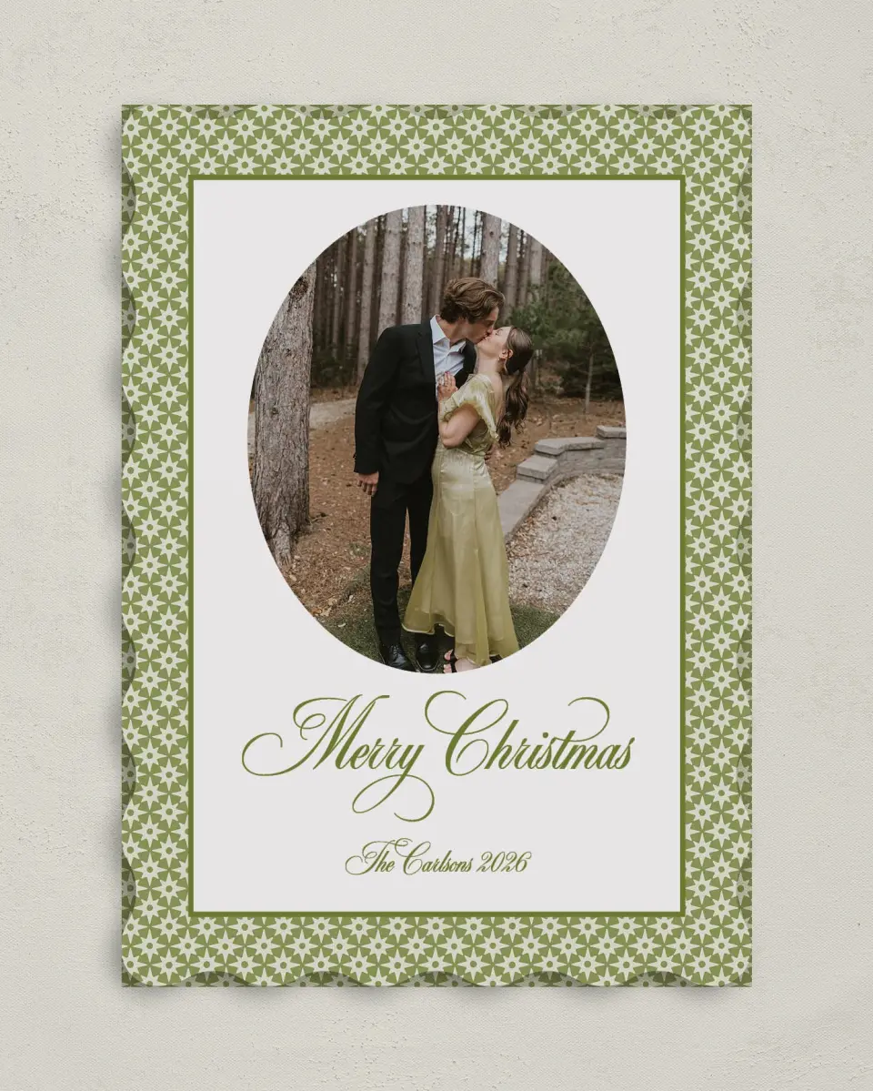 This is a 5" x 7" Christmas Card called Holly & Pine printed in full color on Premium Smooth paper