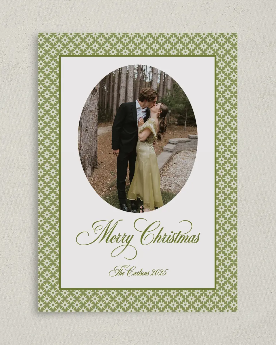 This is a 5" x 7" Christmas Card called Holly & Pine printed in full color on Premium Smooth paper