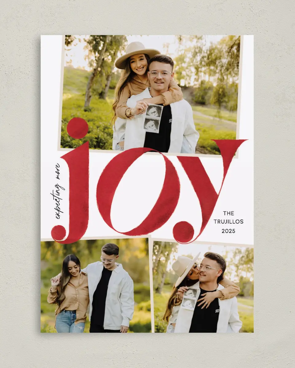This is a 5" x 7" Christmas Card called Growing Joy printed in full color with Gold foil on Soft Suede (coated) paper