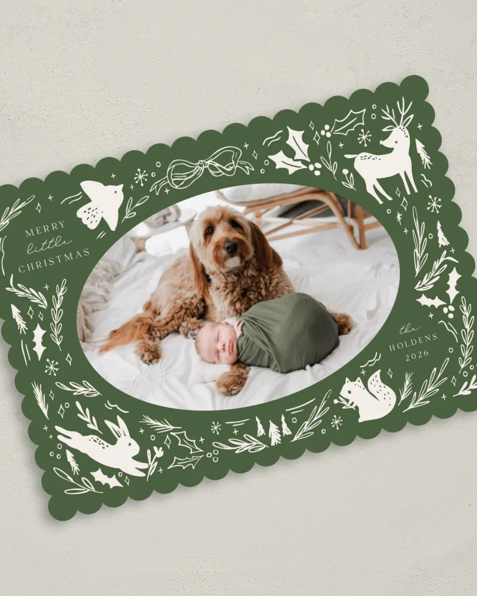 This is a 5" x 7" Christmas Card called Woodland Wonder printed in full color with Gold foil on Premium Smooth paper on Premium Smooth paper on Premium Smooth paper