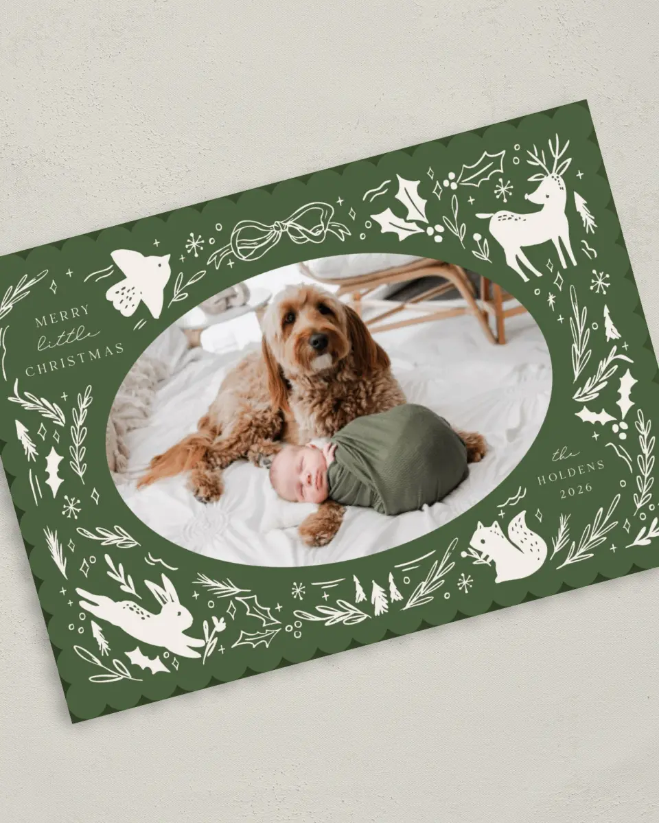 This is a 5" x 7" Christmas Card called Woodland Wonder printed in full color with Gold foil on Premium Smooth paper on Premium Smooth paper on Premium Smooth paper