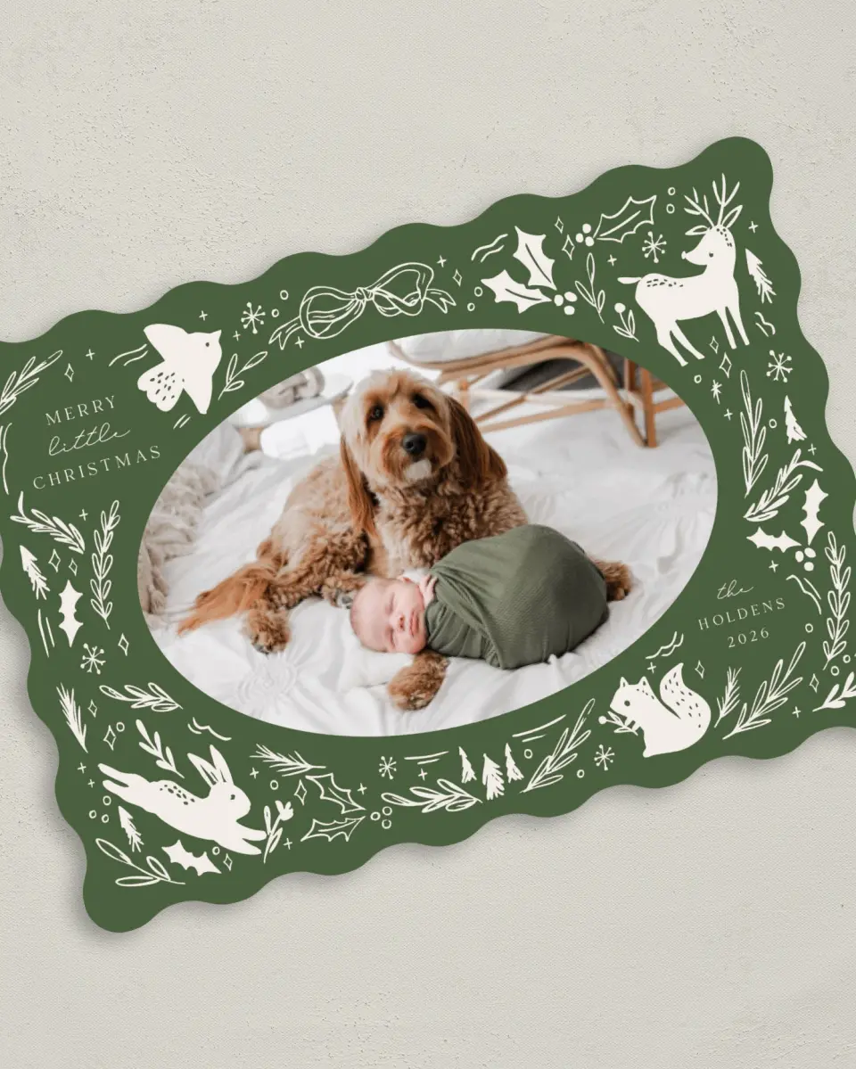 This is a 5" x 7" Christmas Card called Woodland Wonder printed in full color with Gold foil on Premium Smooth paper