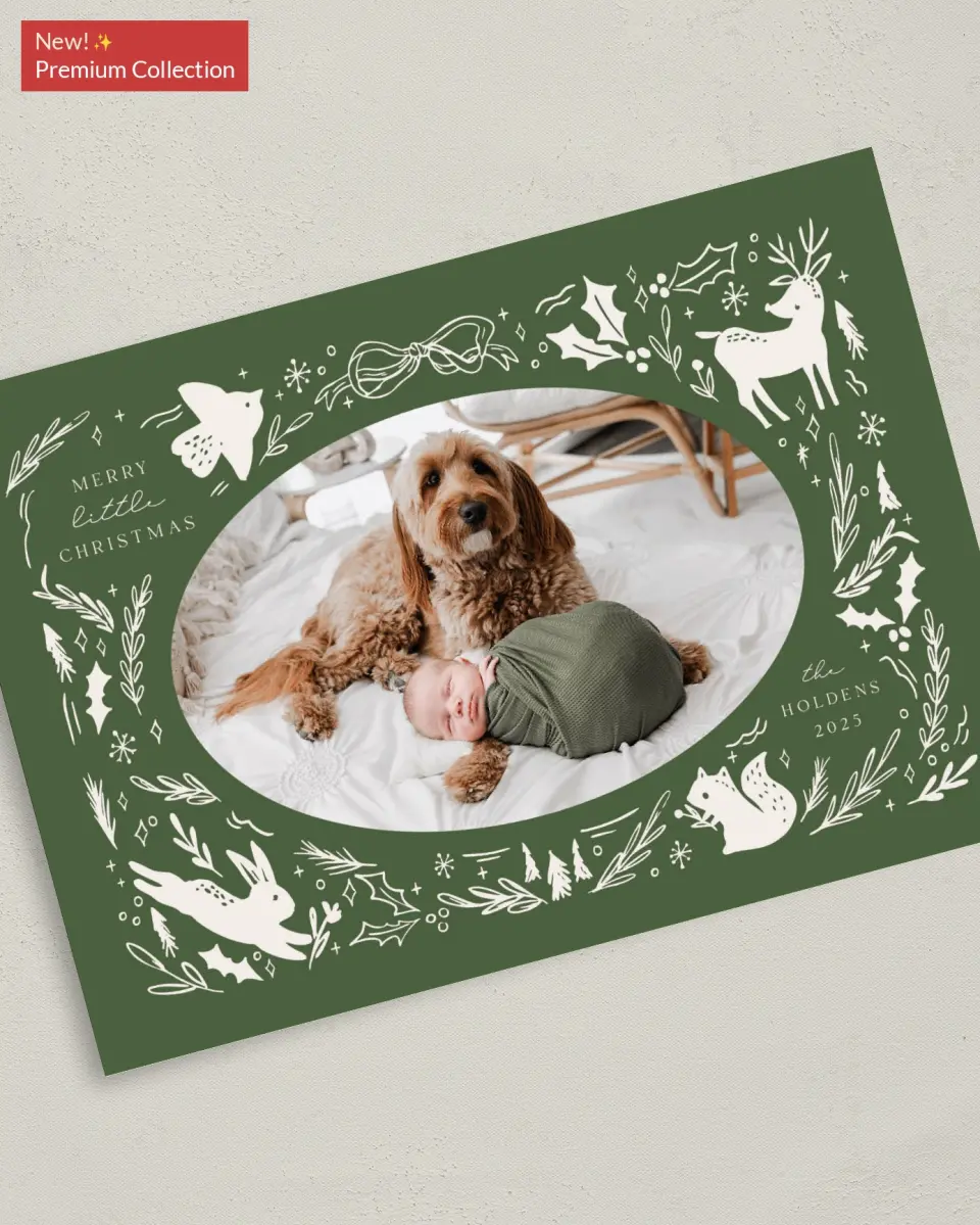 This is a 5" x 7" Christmas Card called Woodland Wonder printed in full color with Gold foil on Premium Smooth paper