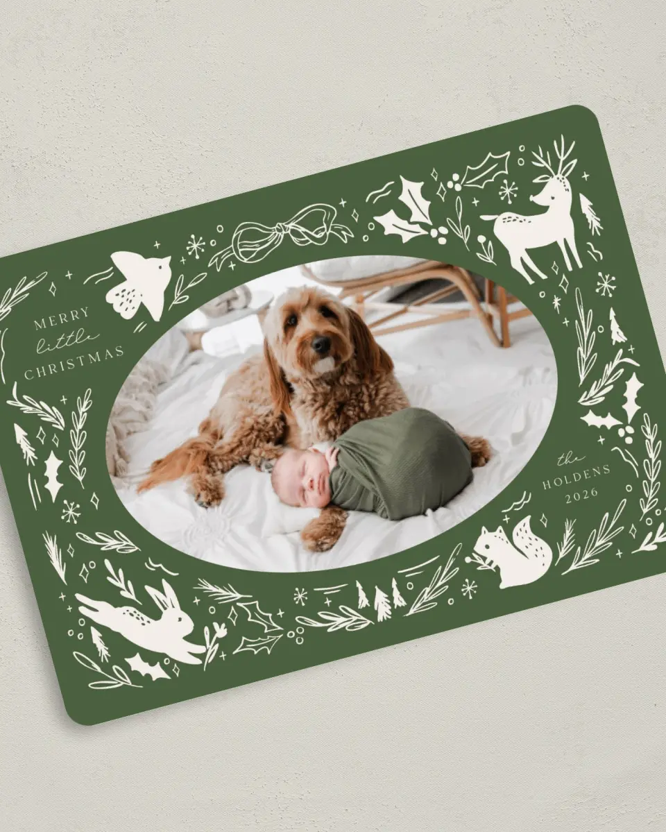 This is a 5" x 7" Christmas Card called Woodland Wonder printed in full color with Gold foil on Premium Smooth paper