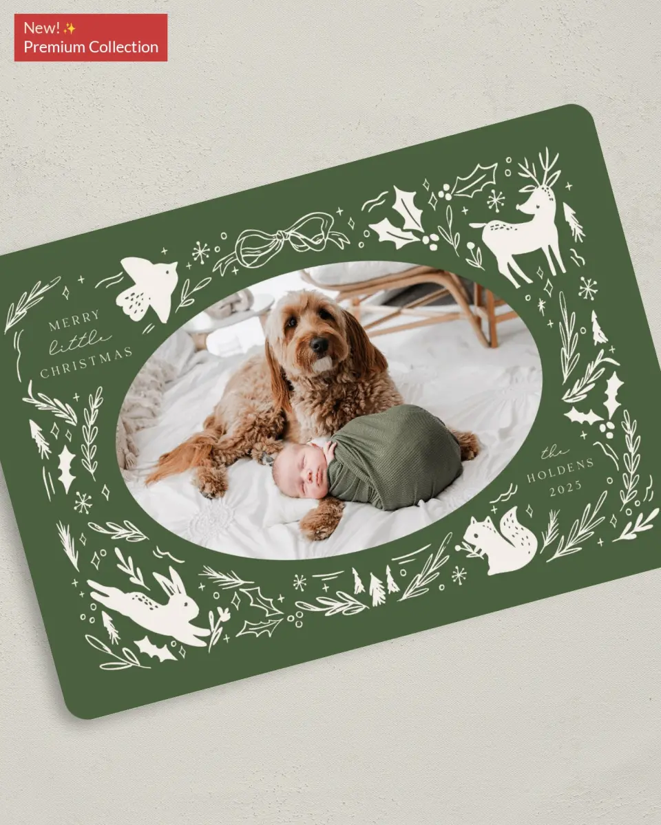 This is a 5" x 7" Christmas Card called Woodland Wonder printed in full color with Gold foil on Premium Smooth paper