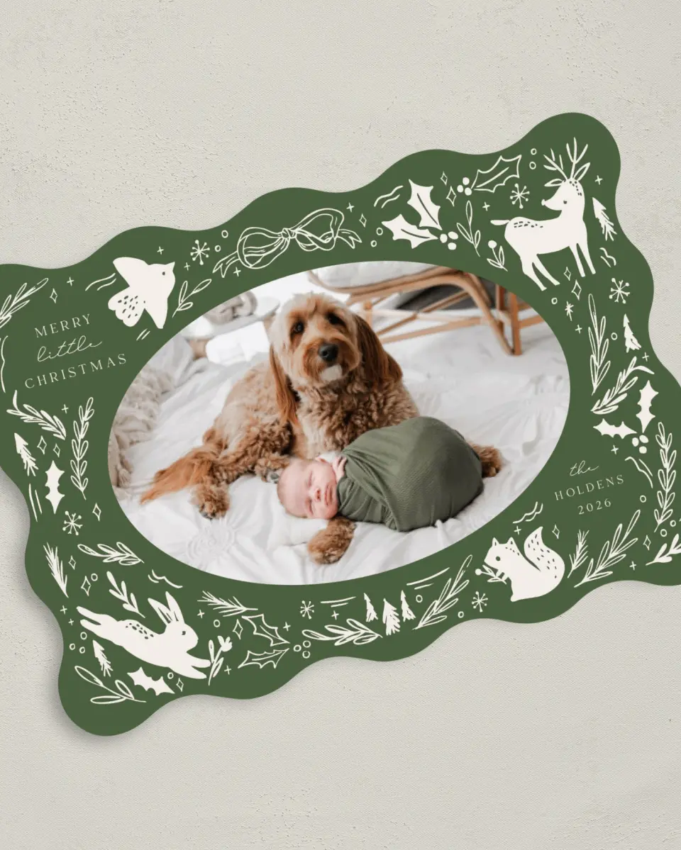 This is a 5" x 7" Christmas Card called Woodland Wonder printed in full color with Gold foil on Soft Suede (coated) paper