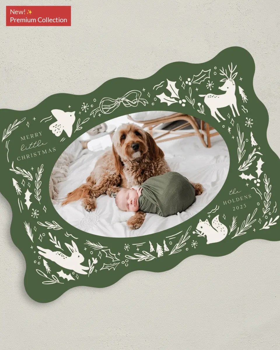 This is a 5" x 7" Christmas Card called Woodland Wonder printed in full color with Gold foil on Premium Smooth paper