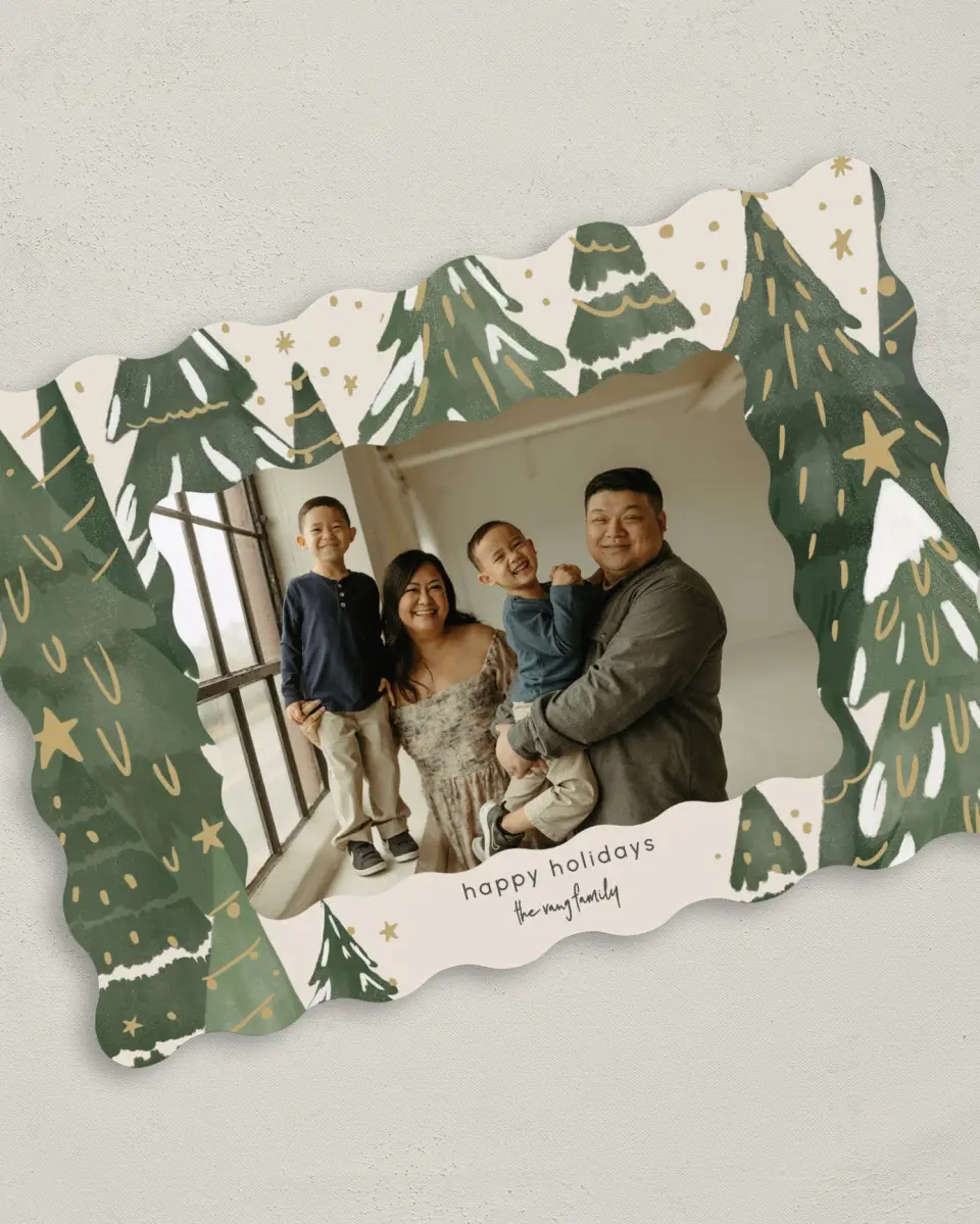 This is a 5" x 7" Christmas Card called Gilded Pines printed in full color with Gold foil on Premium Smooth paper
