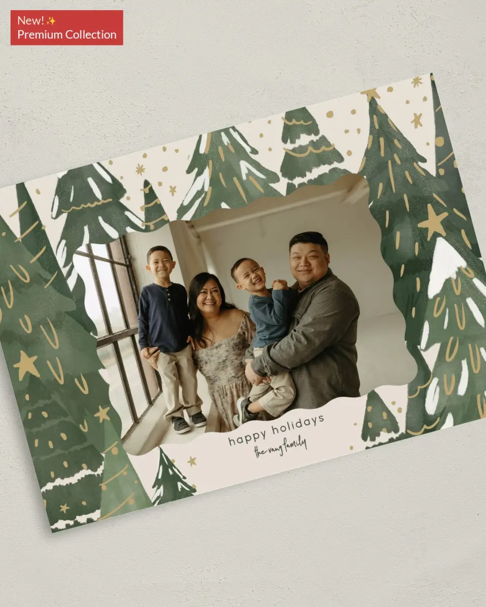This is a 5" x 7" Christmas Card called Gilded Pines printed in full color with Gold foil on Premium Smooth paper
