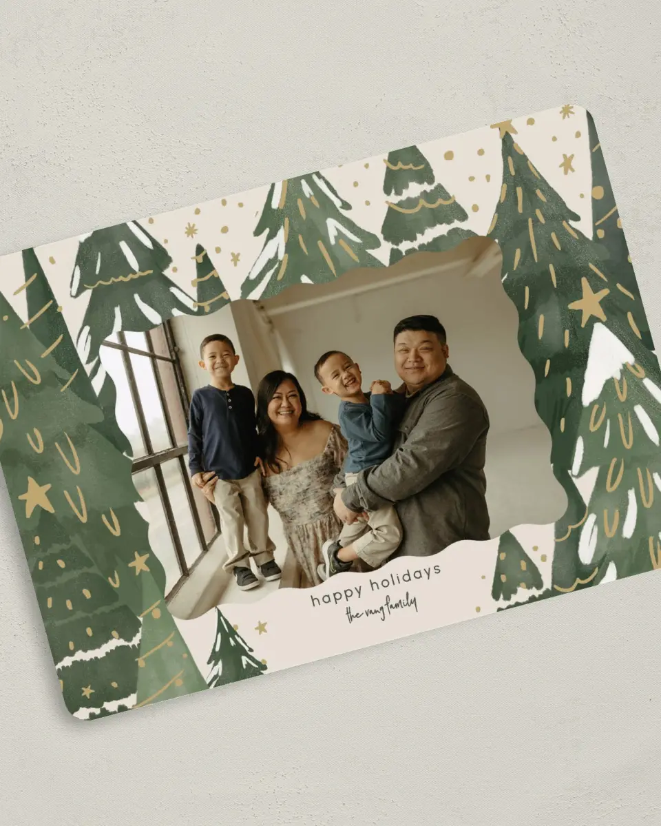 This is a 5" x 7" Christmas Card called Gilded Pines printed in full color with Gold foil on Premium Smooth paper
