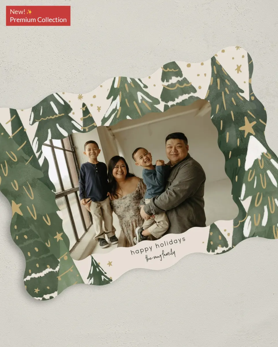 This is a 5" x 7" Christmas Card called Gilded Pines printed in full color with Gold foil on Premium Smooth paper