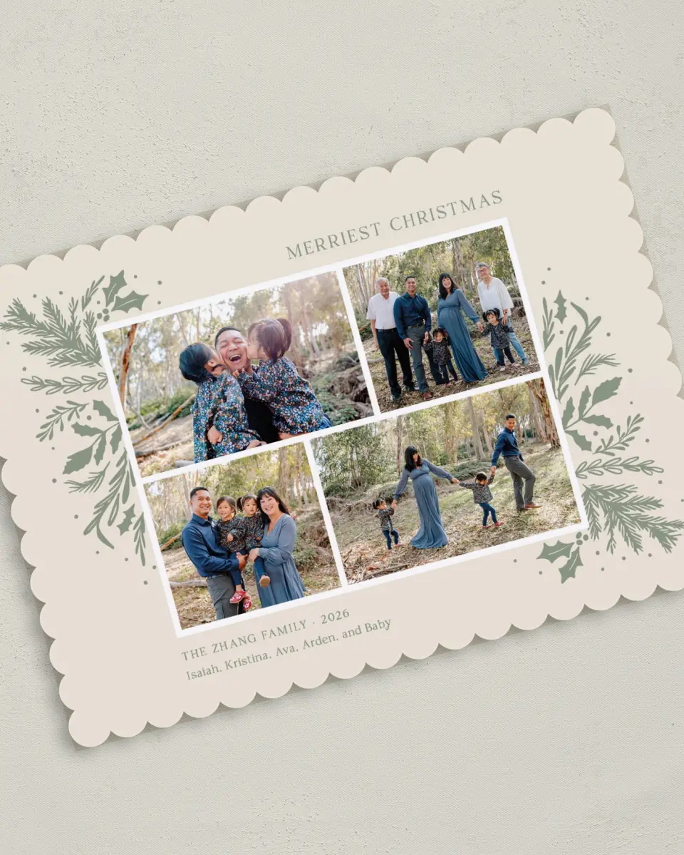This is a 5" x 7" Christmas Card called Bountiful Branches printed in full color with Gold foil on Premium Smooth paper on Premium Smooth paper on Premium Smooth paper