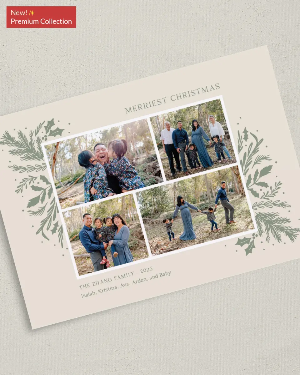 This is a 5" x 7" Christmas Card called Bountiful Branches printed in full color with Gold foil on Premium Smooth paper