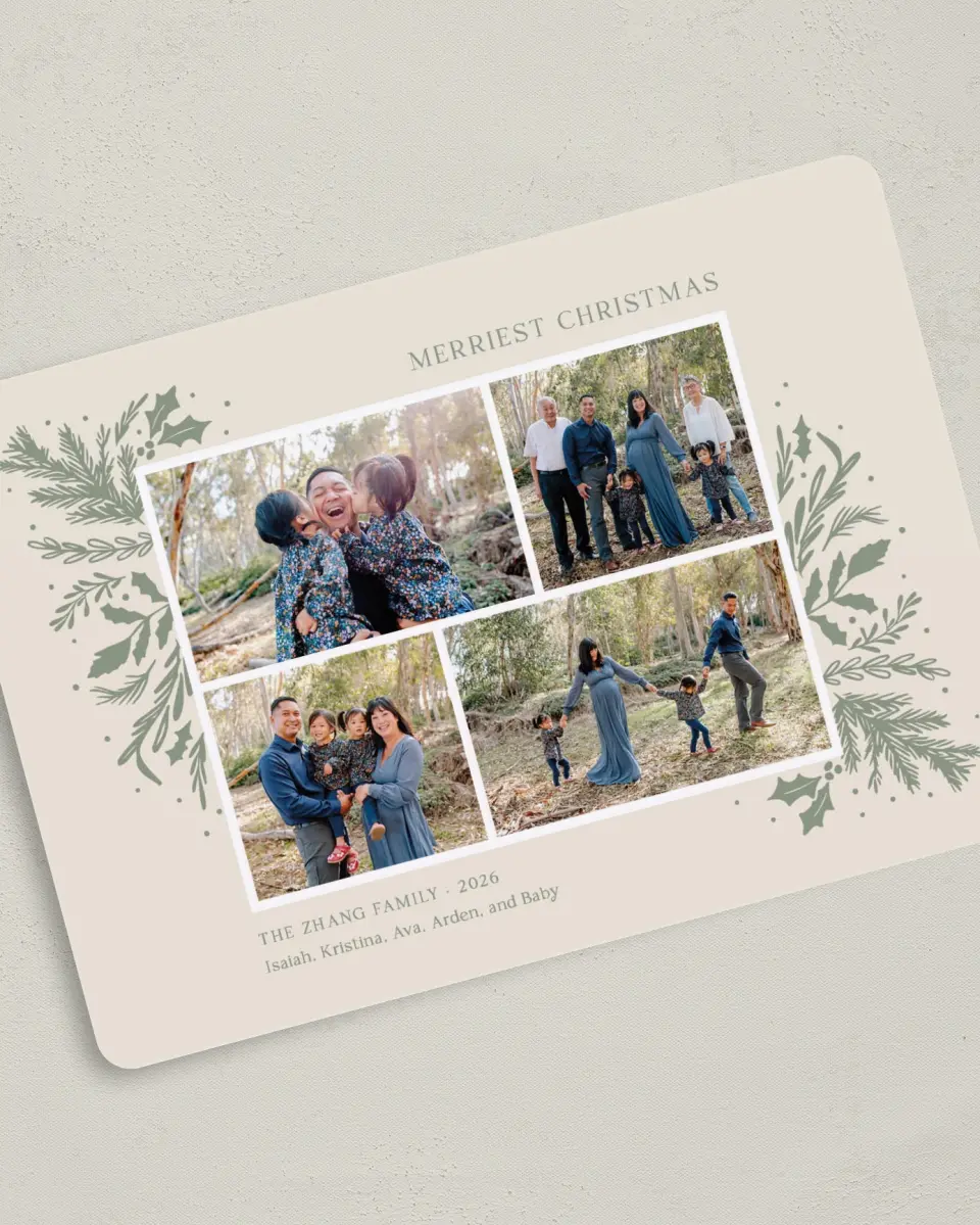 This is a 5" x 7" Christmas Card called Bountiful Branches printed in full color with Gold foil on Premium Smooth paper