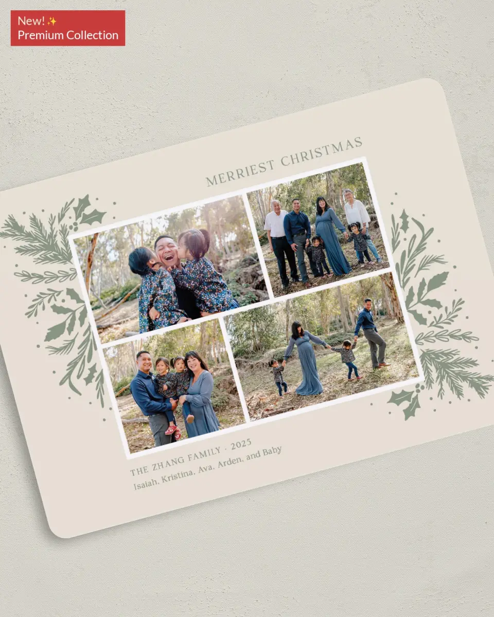 This is a 5" x 7" Christmas Card called Bountiful Branches printed in full color with Gold foil on Premium Smooth paper