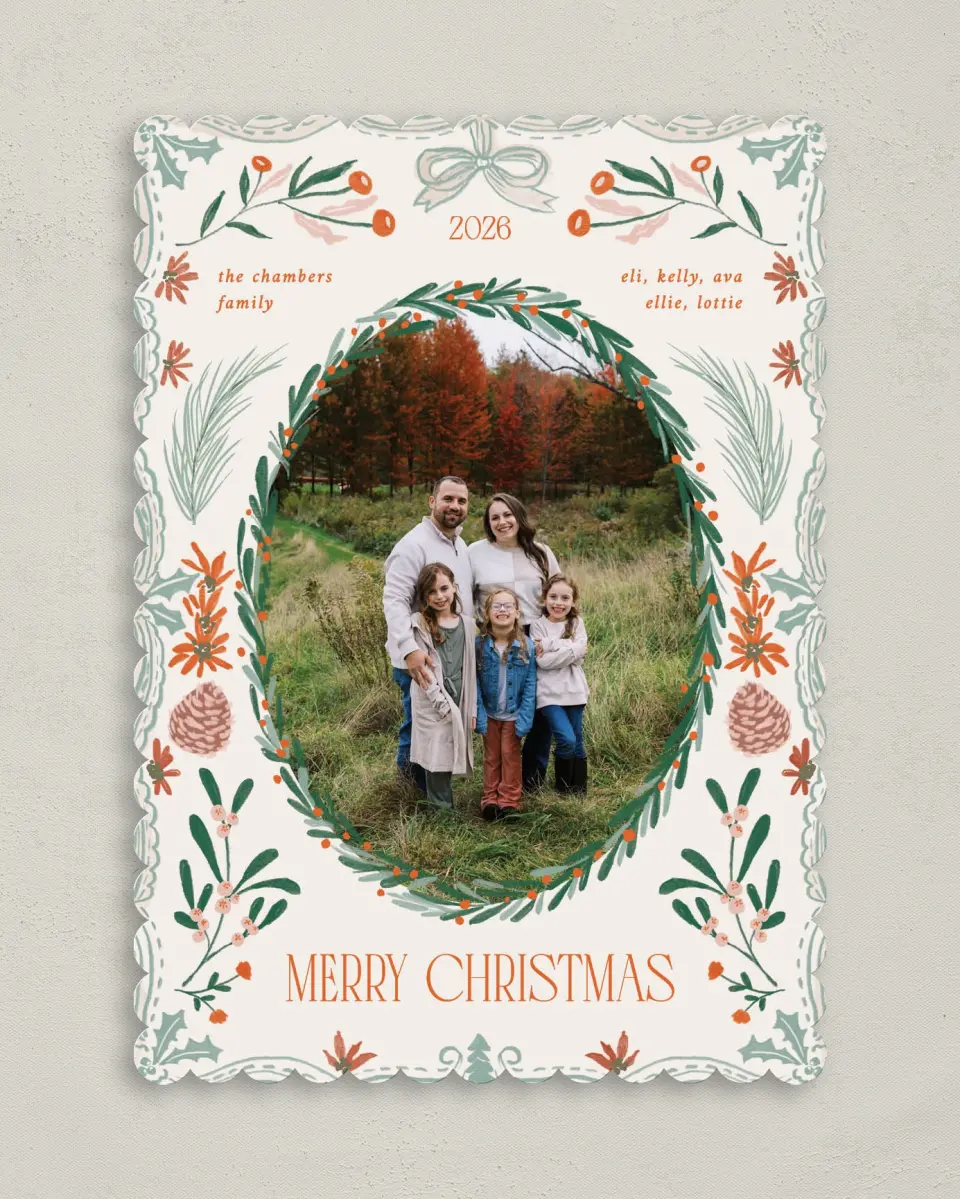 This is a 5" x 7" Christmas Card called Holiday Grove printed in full color with Gold foil on Premium Smooth paper on Premium Smooth paper on Premium Smooth paper