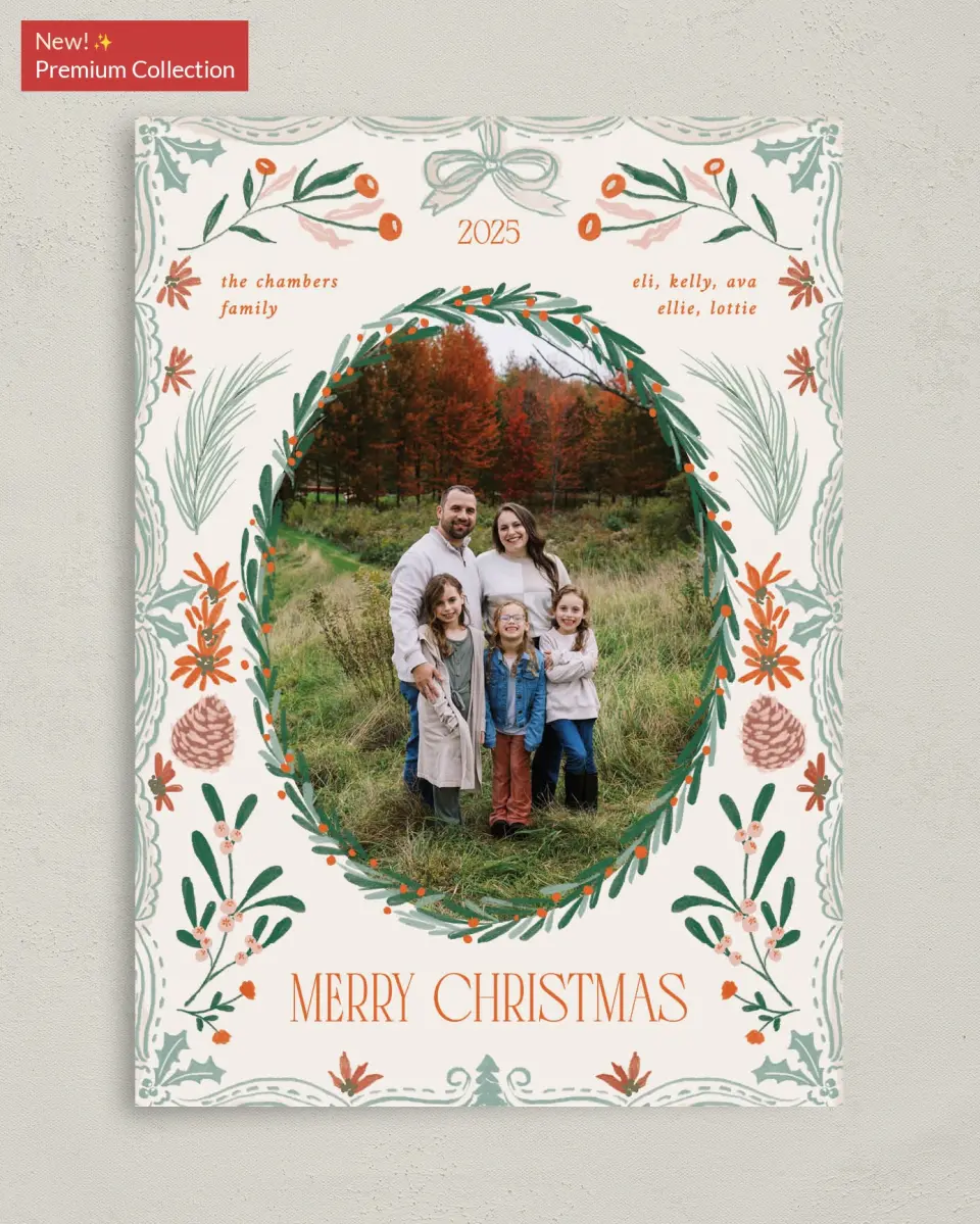 This is a 5" x 7" Christmas Card called Holiday Grove printed in full color with Gold foil on Soft Suede (coated) paper