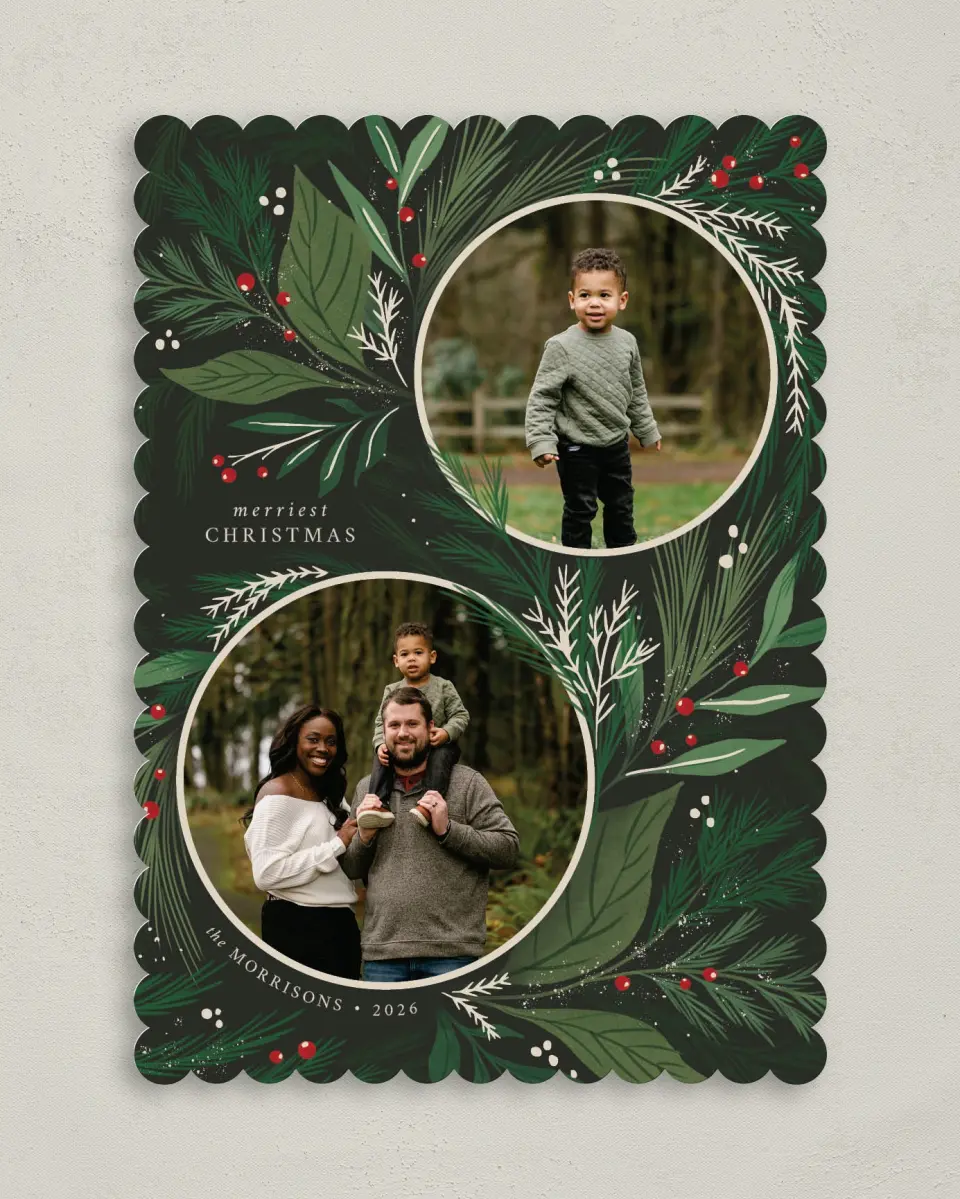 This is a 5" x 7" Christmas Card called Festive Greenery printed in full color with Gold foil on Premium Smooth paper on Premium Smooth paper on Premium Smooth paper