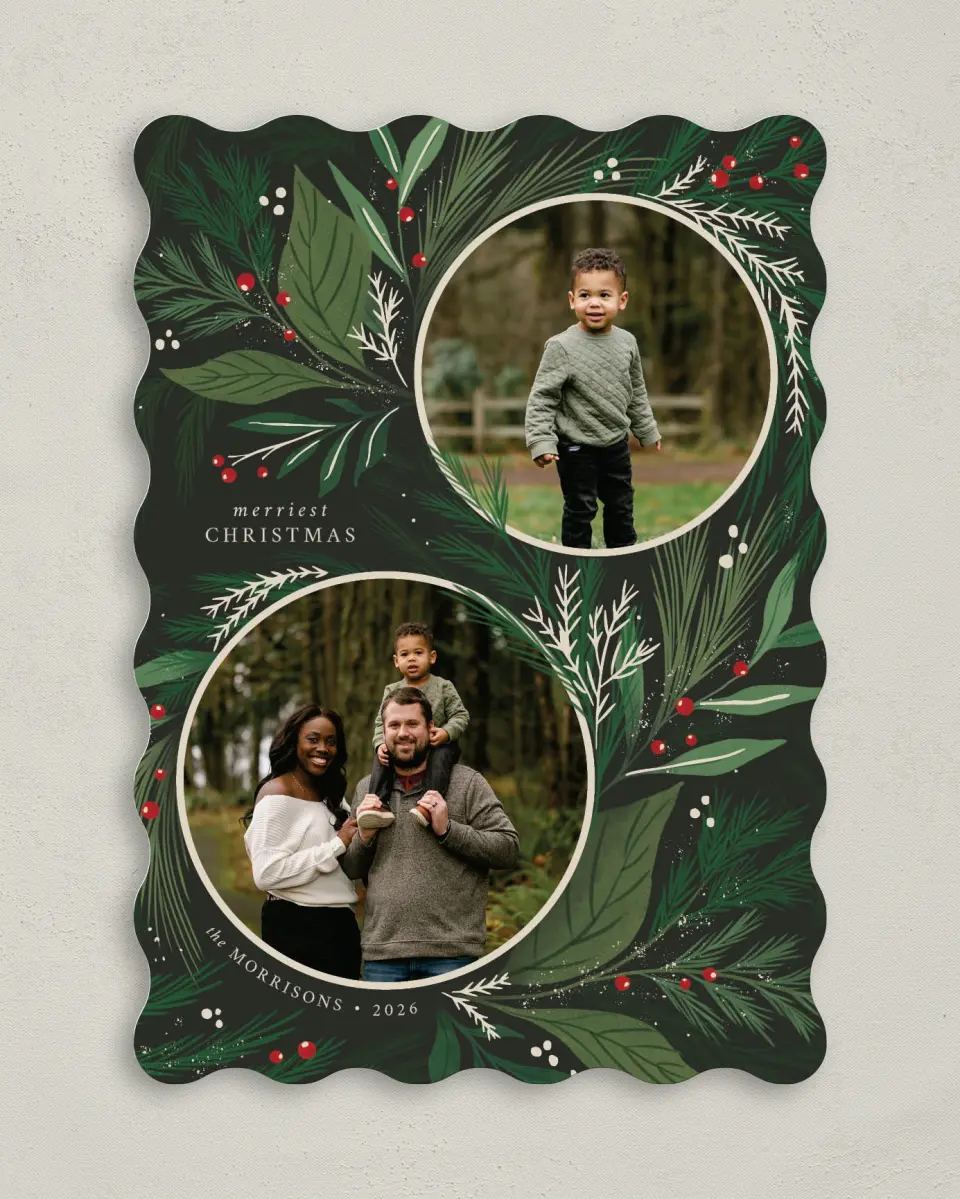 This is a 5" x 7" Christmas Card called Festive Greenery printed in full color with Gold foil on Premium Smooth paper