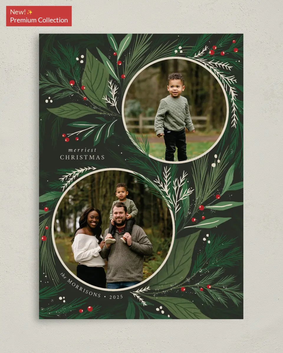 This is a 5" x 7" Christmas Card called Festive Greenery printed in full color with Gold foil on Premium Smooth paper