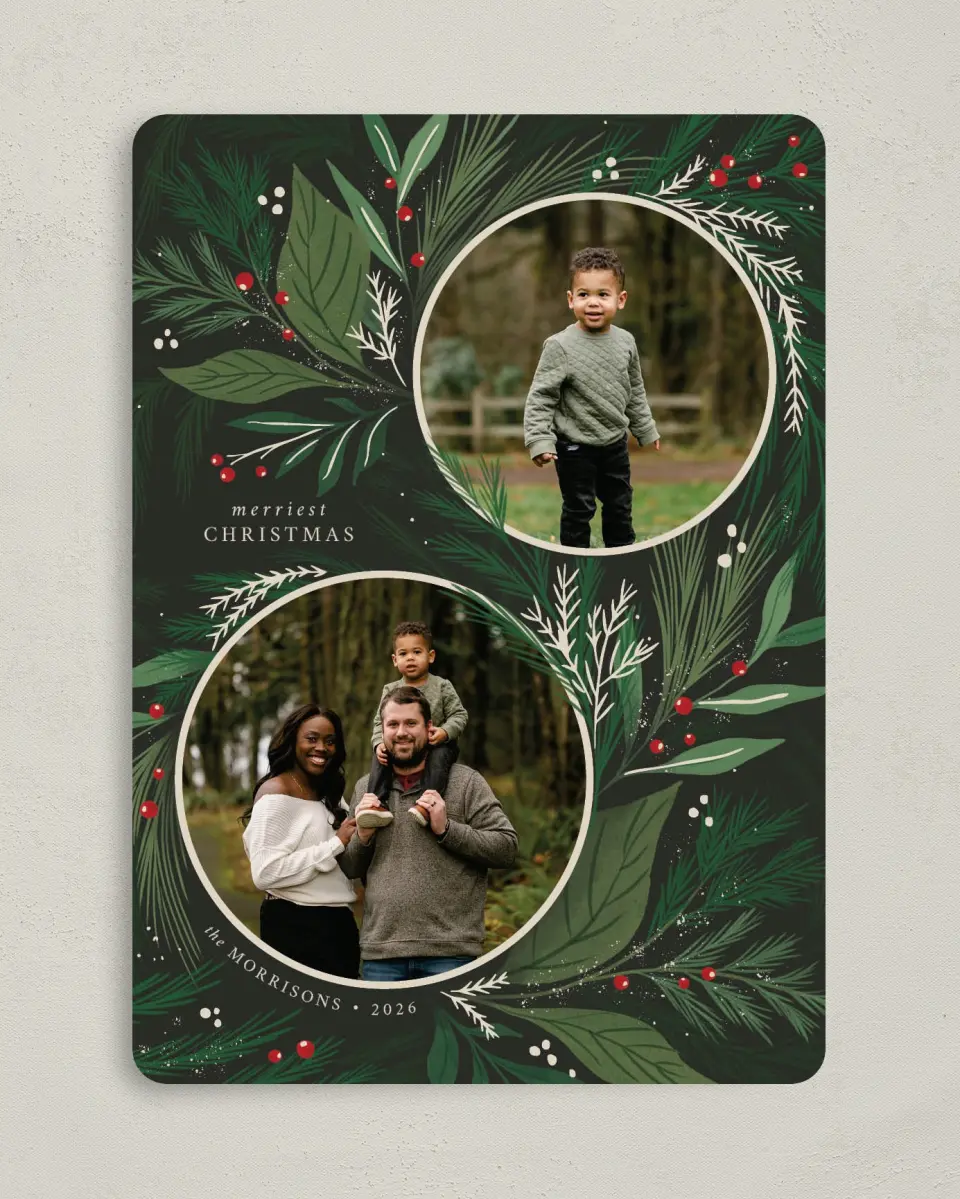 This is a 5" x 7" Christmas Card called Festive Greenery printed in full color with Gold foil on Premium Smooth paper