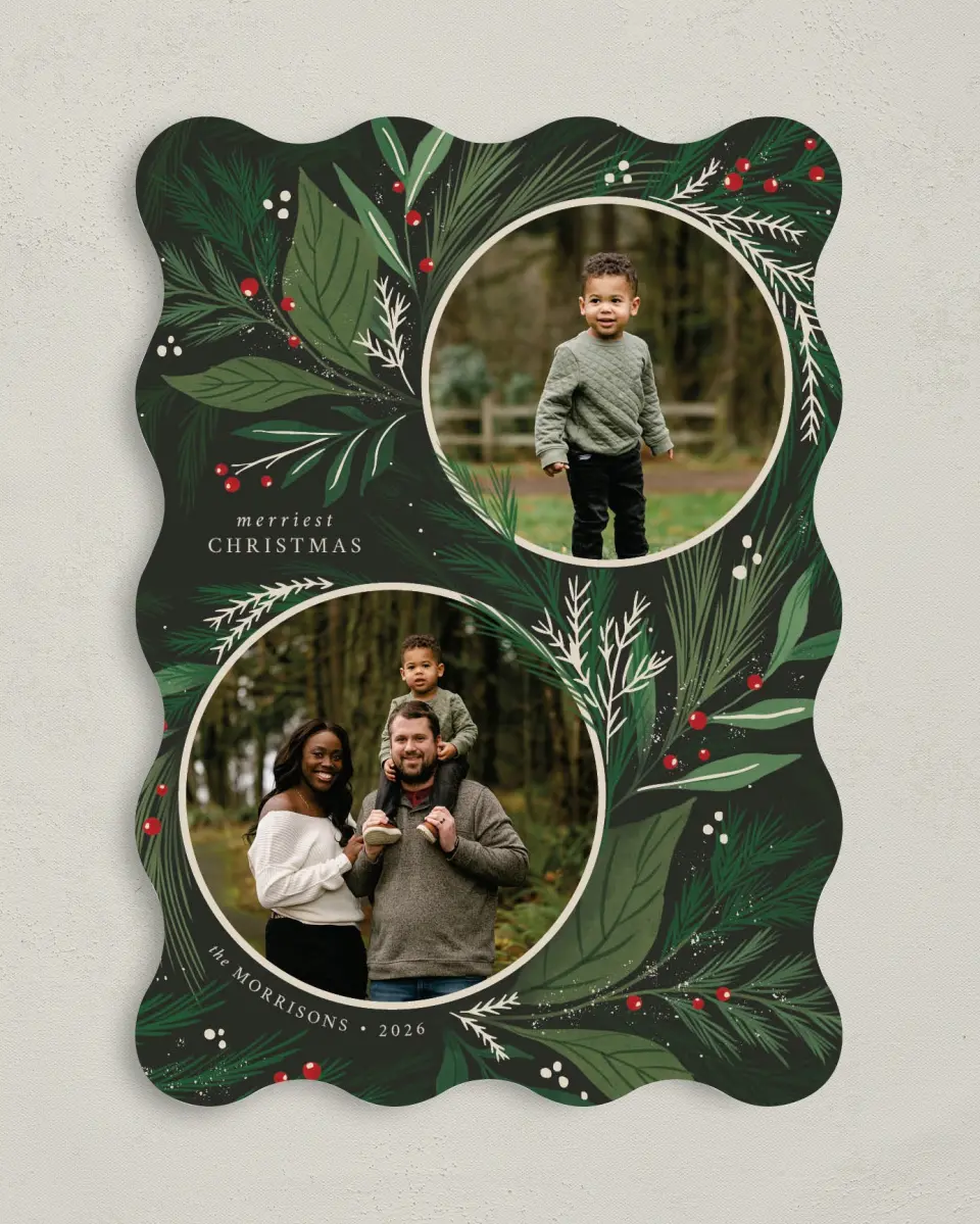 This is a 5" x 7" Christmas Card called Festive Greenery printed in full color with Gold foil on Premium Smooth paper