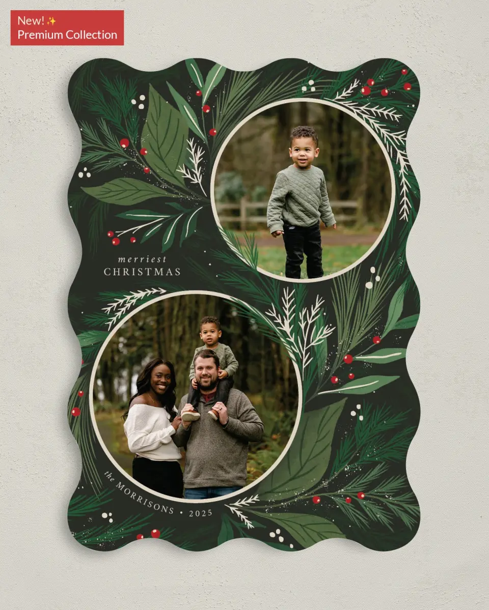 This is a 5" x 7" Christmas Card called Festive Greenery printed in full color with Gold foil on Premium Smooth paper