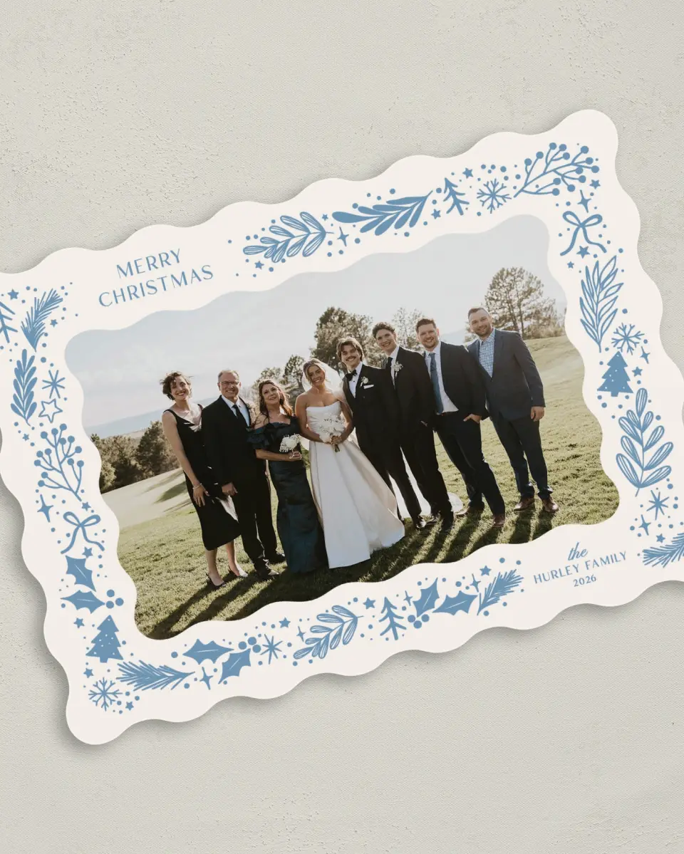 This is a 5" x 7" Christmas Card called Holiday Glow printed in full color with Gold foil on Premium Smooth paper