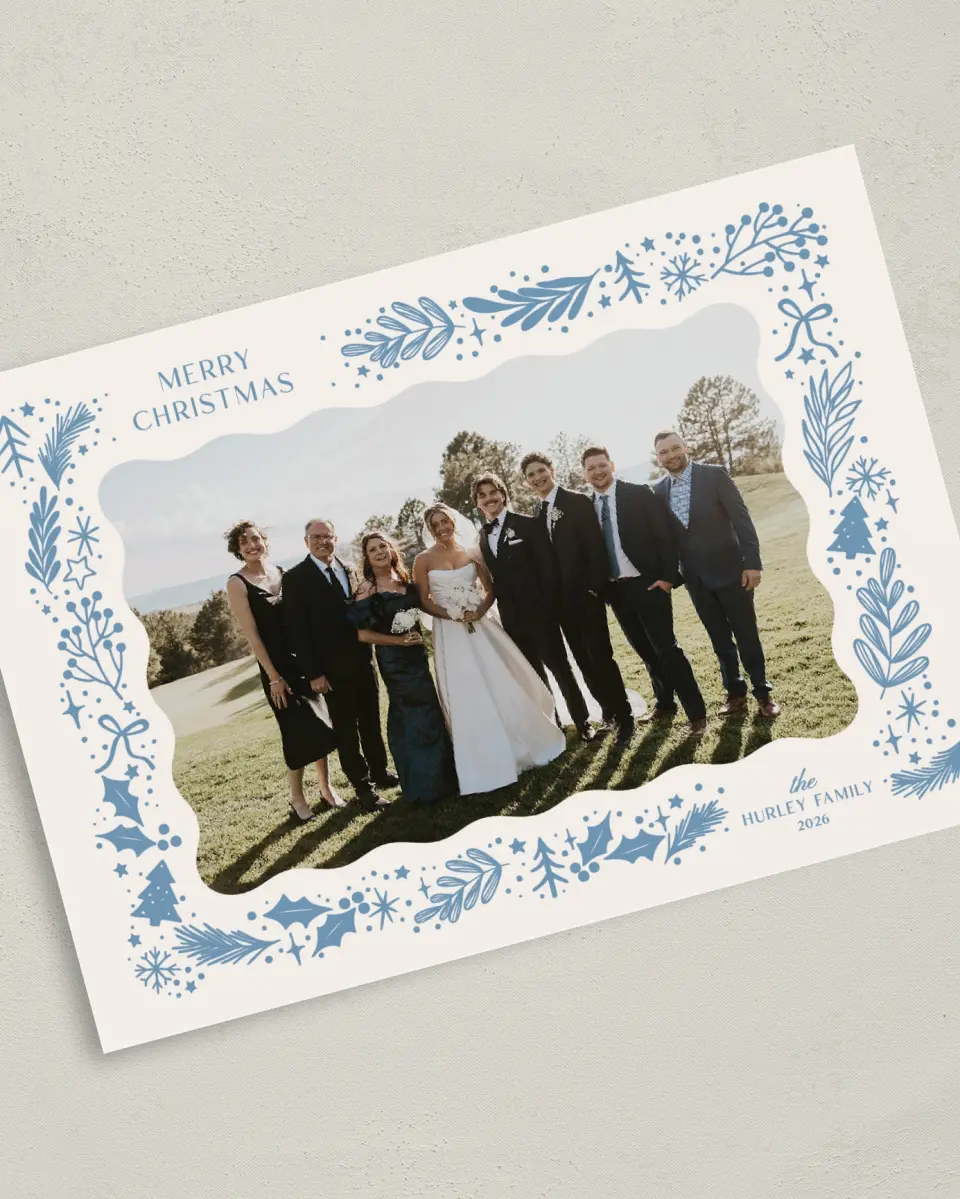 This is a 5" x 7" Christmas Card called Holiday Glow printed in full color with Gold foil on Premium Smooth paper