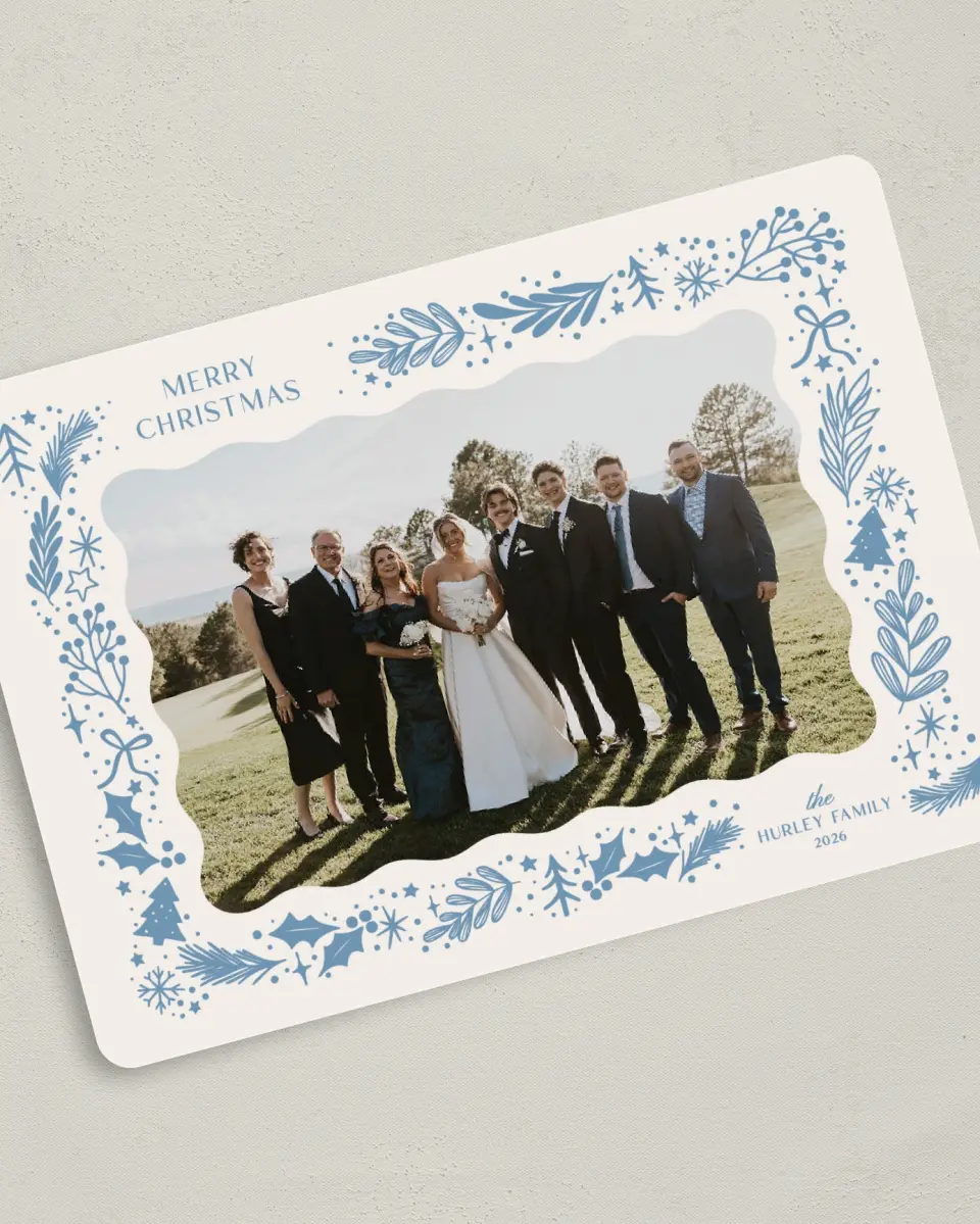 This is a 5" x 7" Christmas Card called Holiday Glow printed in full color with Gold foil on Premium Smooth paper