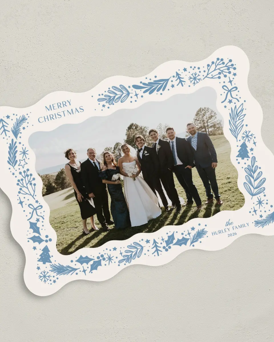 This is a 5" x 7" Christmas Card called Holiday Glow printed in full color with Gold foil on Soft Suede (coated) paper