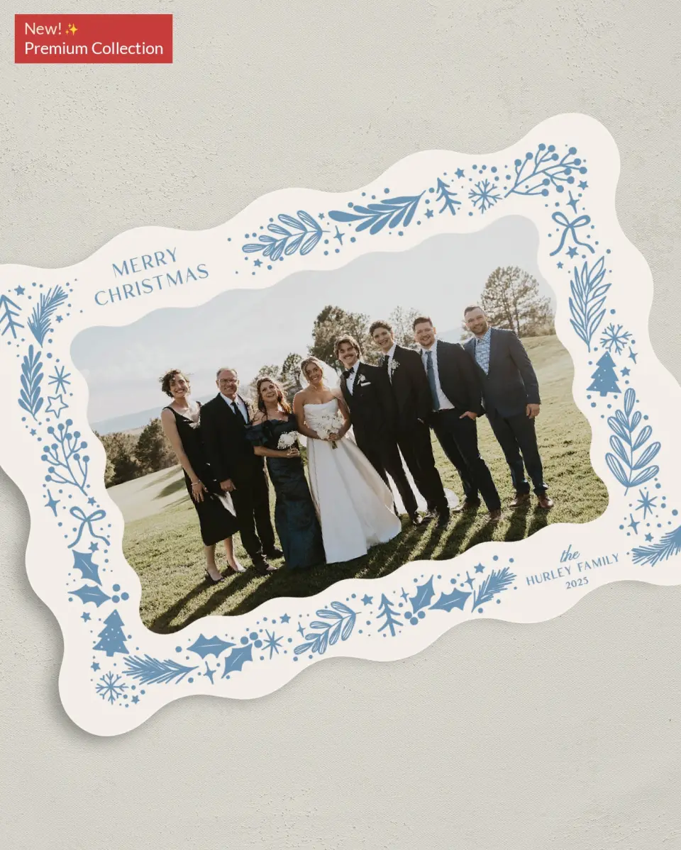 This is a 5" x 7" Christmas Card called Holiday Glow printed in full color with Gold foil on Premium Smooth paper