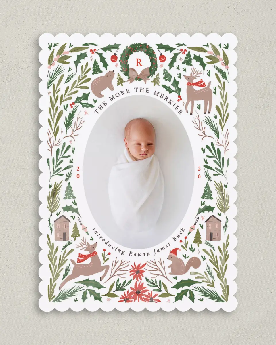This is a 5" x 7" Christmas Card called Woodland Blessing printed in full color with Gold foil on Premium Smooth paper on Premium Smooth paper on Premium Smooth paper