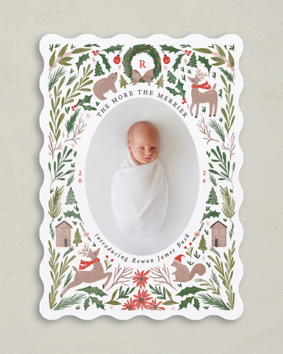 This is a 5" x 7" Christmas Card called Woodland Blessing printed in full color with Gold foil on Premium Smooth paper