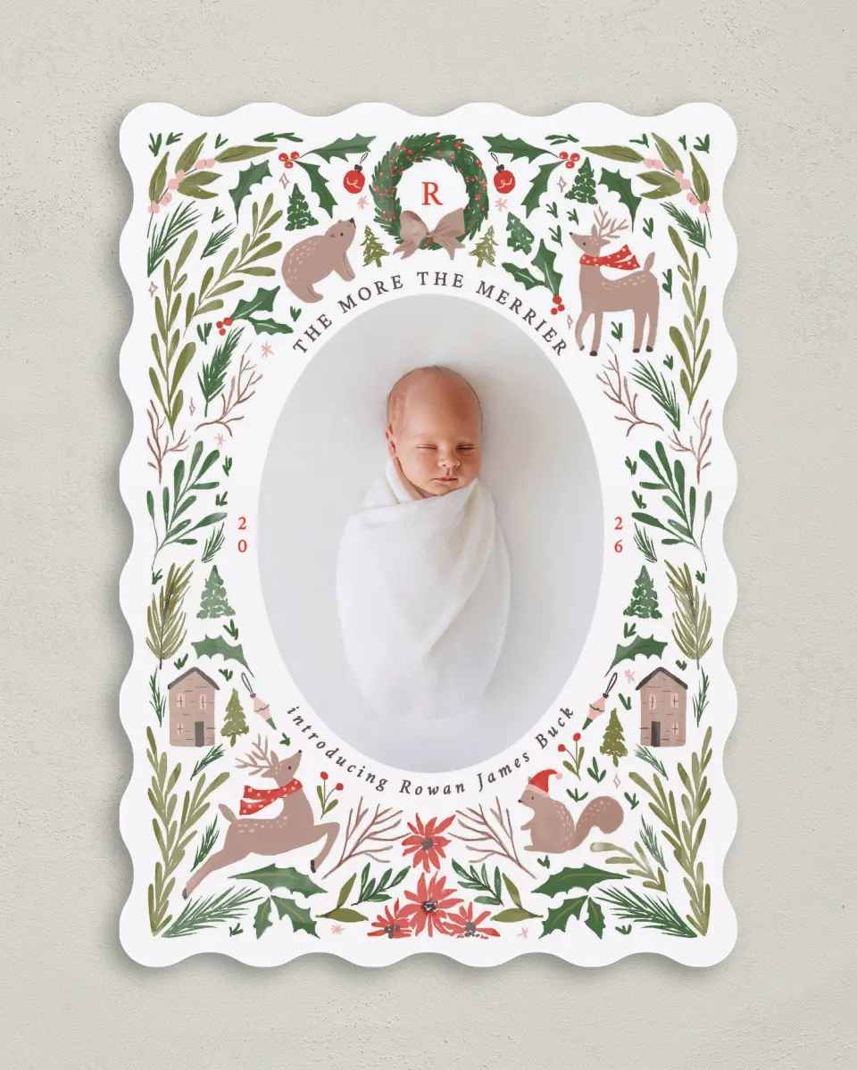 This is a 5" x 7" Christmas Card called Woodland Blessing printed in full color with Gold foil on Premium Smooth paper
